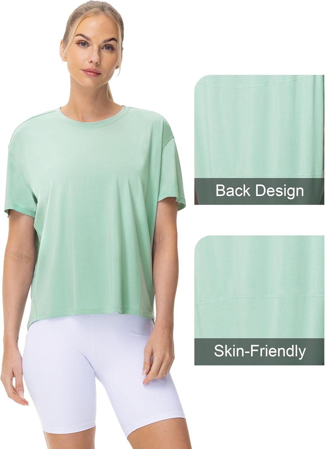 imageTHE GYM PEOPLE Womens Short Sleeve Workout TShirts Back Loose Fit Running Yoga Tee TopsLight Green