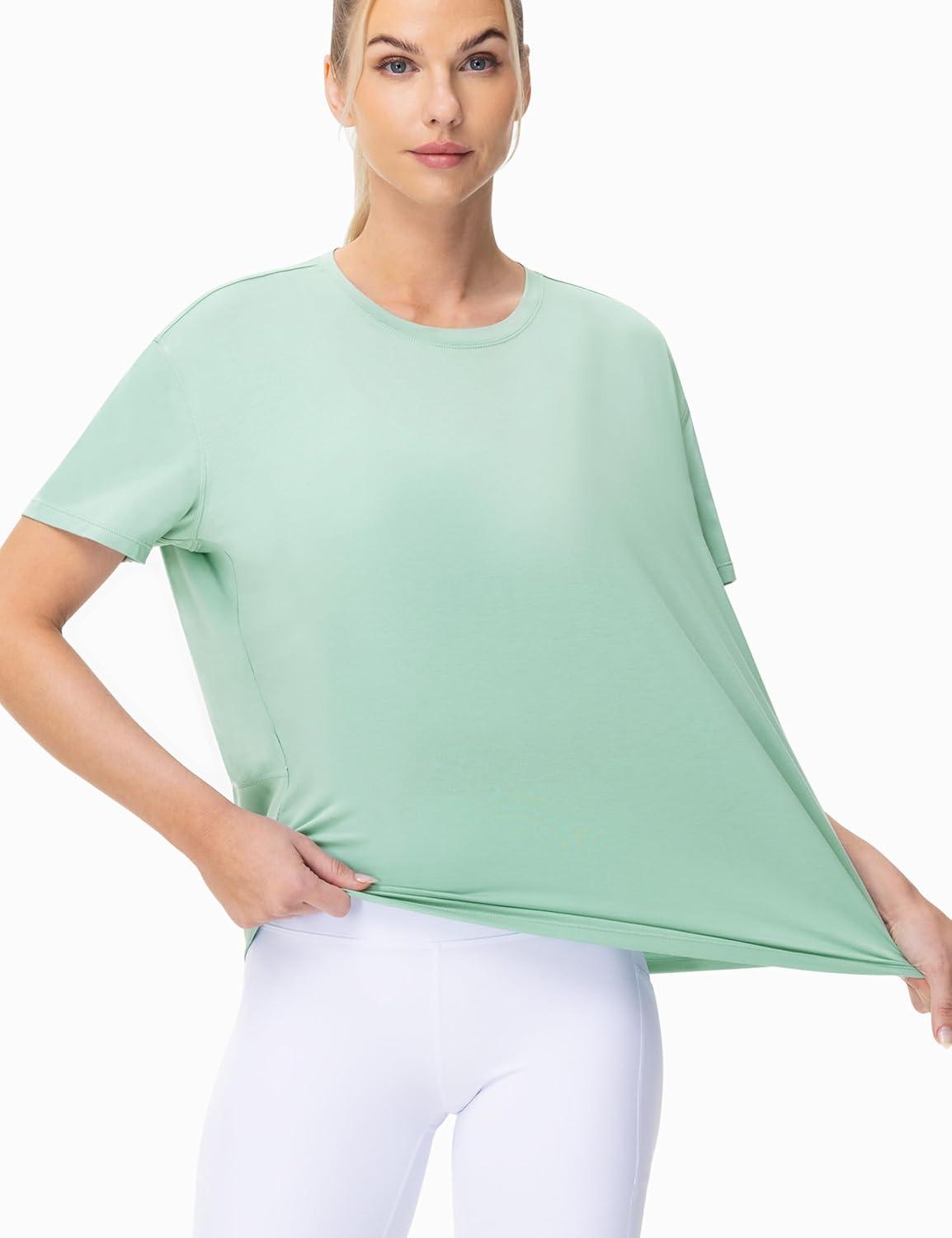 imageTHE GYM PEOPLE Womens Short Sleeve Workout TShirts Back Loose Fit Running Yoga Tee TopsLight Green