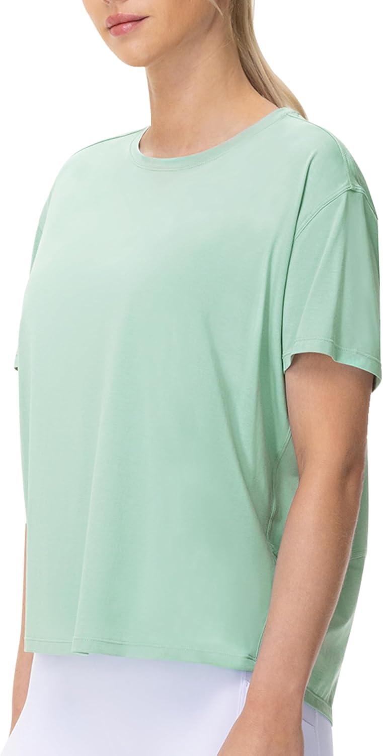 imageTHE GYM PEOPLE Womens Short Sleeve Workout TShirts Back Loose Fit Running Yoga Tee TopsLight Green