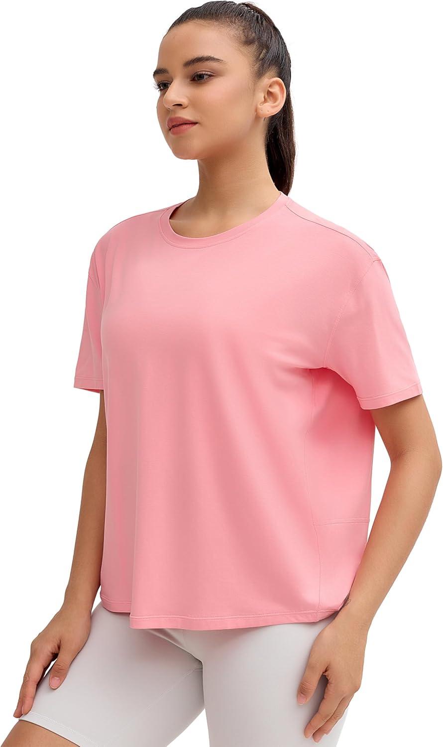 imageTHE GYM PEOPLE Womens Short Sleeve Workout TShirts Back Loose Fit Running Yoga Tee TopsRose Red