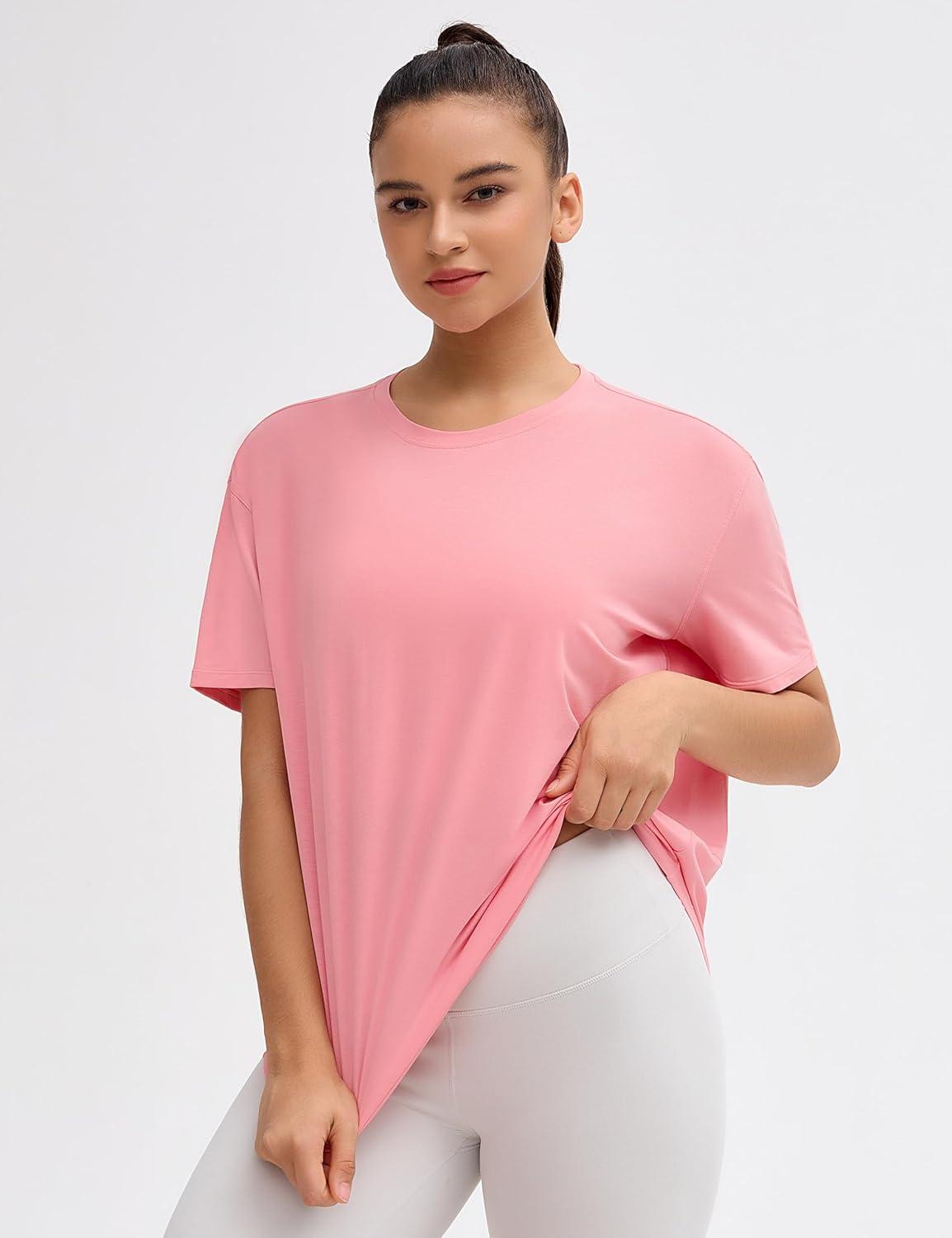imageTHE GYM PEOPLE Womens Short Sleeve Workout TShirts Back Loose Fit Running Yoga Tee TopsRose Red