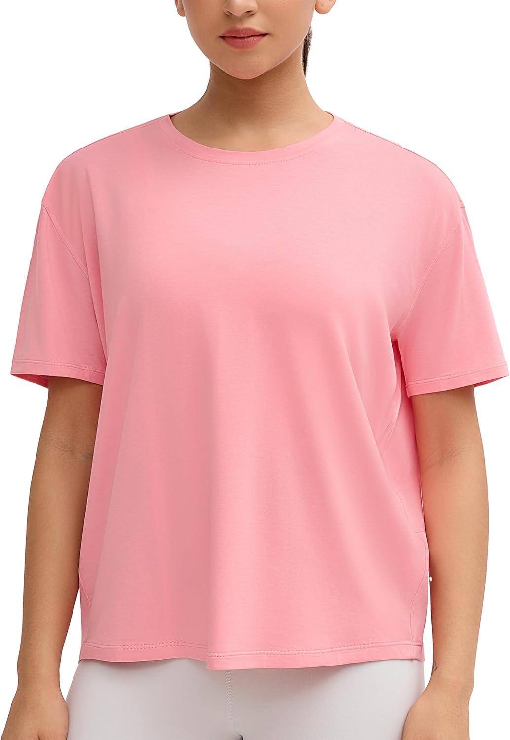 imageTHE GYM PEOPLE Womens Short Sleeve Workout TShirts Back Loose Fit Running Yoga Tee TopsRose Red