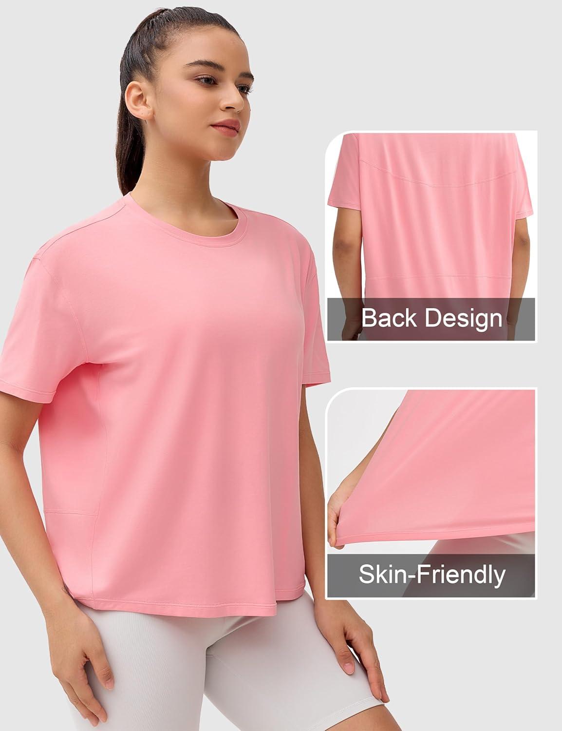 imageTHE GYM PEOPLE Womens Short Sleeve Workout TShirts Back Loose Fit Running Yoga Tee TopsRose Red