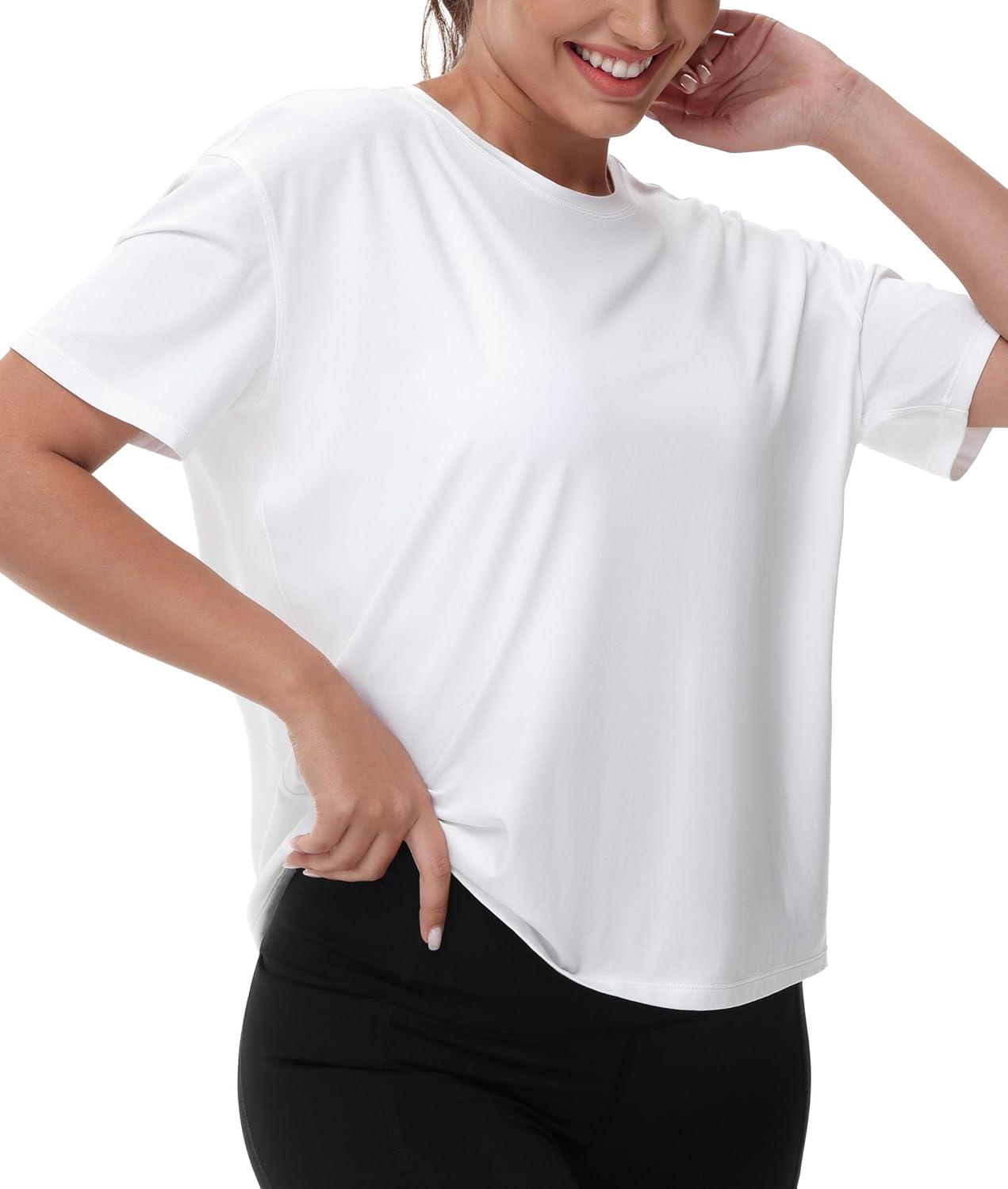 imageTHE GYM PEOPLE Womens Short Sleeve Workout TShirts Back Loose Fit Running Yoga Tee TopsWhite