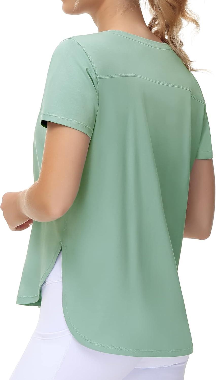 imageTHE GYM PEOPLE Womens Workout TShirts Loose Fit Short Sleeve Cotton Running Basic Tee Tops with Split HemLight Green