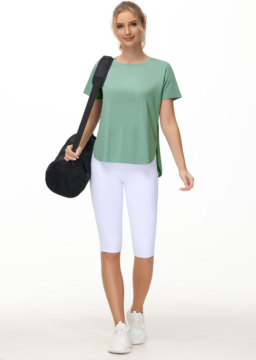 imageTHE GYM PEOPLE Womens Workout TShirts Loose Fit Short Sleeve Cotton Running Basic Tee Tops with Split HemLight Green