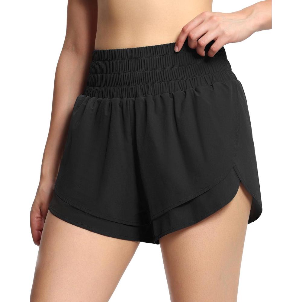 imageTHE GYM PEOPLE Womens High Waisted Worktout Shorts Quick Dry Running Athletic Shorts with Mesh Liner Zipper PocketBlack