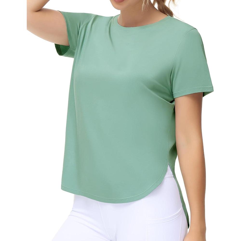 imageTHE GYM PEOPLE Womens Workout TShirts Loose Fit Short Sleeve Cotton Running Basic Tee Tops with Split HemLight Green