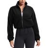 imageTHE GYM PEOPLE Womens Fleece Cropped Jacket Full Zip Stand Collar Workout Short Sherpa Coats with Pockets Drawstring HemBlack