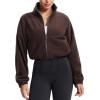 imageTHE GYM PEOPLE Womens Fleece Cropped Jacket Full Zip Stand Collar Workout Short Sherpa Coats with Pockets Drawstring HemBrown