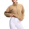 imageTHE GYM PEOPLE Womens Fleece Cropped Jacket Full Zip Stand Collar Workout Short Sherpa Coats with Pockets Drawstring HemCamel
