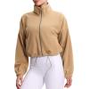 imageTHE GYM PEOPLE Womens Fleece Cropped Jacket Full Zip Stand Collar Workout Short Sherpa Coats with Pockets Drawstring HemCamel
