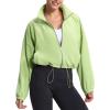 imageTHE GYM PEOPLE Womens Fleece Cropped Jacket Full Zip Stand Collar Workout Short Sherpa Coats with Pockets Drawstring HemLight Green