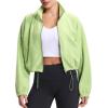 imageTHE GYM PEOPLE Womens Fleece Cropped Jacket Full Zip Stand Collar Workout Short Sherpa Coats with Pockets Drawstring HemLight Green