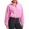 imageTHE GYM PEOPLE Womens Fleece Cropped Jacket Full Zip Stand Collar Workout Short Sherpa Coats with Pockets Drawstring HemPink