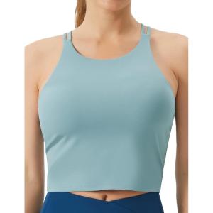 imageTHE GYM PEOPLE Womens Cross Back Sports Bra Halter Neck Workout Crop Tank Tops with Removable PadsDenim Blue