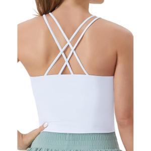 imageTHE GYM PEOPLE Womens Cross Back Sports Bra Halter Neck Workout Crop Tank Tops with Removable PadsWhite