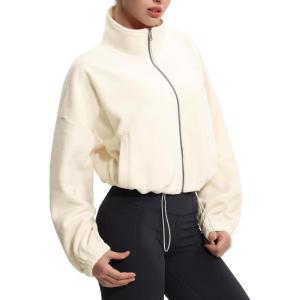 imageTHE GYM PEOPLE Womens Fleece Cropped Jacket Full Zip Stand Collar Workout Short Sherpa Coats with Pockets Drawstring HemBeige