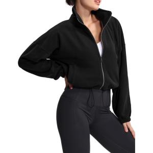 imageTHE GYM PEOPLE Womens Fleece Cropped Jacket Full Zip Stand Collar Workout Short Sherpa Coats with Pockets Drawstring HemBlack