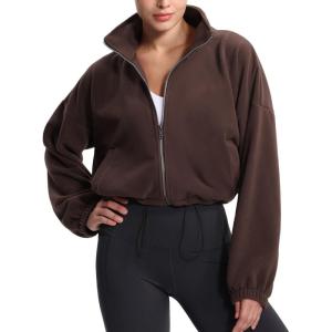 imageTHE GYM PEOPLE Womens Fleece Cropped Jacket Full Zip Stand Collar Workout Short Sherpa Coats with Pockets Drawstring HemBrown