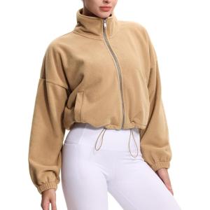 imageTHE GYM PEOPLE Womens Fleece Cropped Jacket Full Zip Stand Collar Workout Short Sherpa Coats with Pockets Drawstring HemCamel