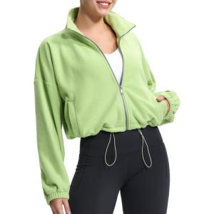 imageTHE GYM PEOPLE Womens Fleece Cropped Jacket Full Zip Stand Collar Workout Short Sherpa Coats with Pockets Drawstring HemLight Green