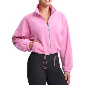 imageTHE GYM PEOPLE Womens Fleece Cropped Jacket Full Zip Stand Collar Workout Short Sherpa Coats with Pockets Drawstring HemPink