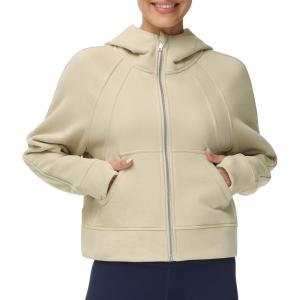 imageTHE GYM PEOPLE Womens FullZip Up Hoodies Jacket Fleece Workout Crop Tops Sweatshirts with Pockets Thumb HoleApricot