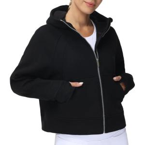 imageTHE GYM PEOPLE Womens FullZip Up Hoodies Jacket Fleece Workout Crop Tops Sweatshirts with Pockets Thumb HoleBlack