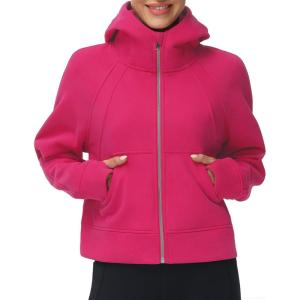 imageTHE GYM PEOPLE Womens FullZip Up Hoodies Jacket Fleece Workout Crop Tops Sweatshirts with Pockets Thumb HoleBright Pink