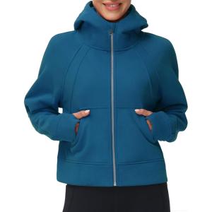 imageTHE GYM PEOPLE Womens FullZip Up Hoodies Jacket Fleece Workout Crop Tops Sweatshirts with Pockets Thumb HoleDark Blue Green