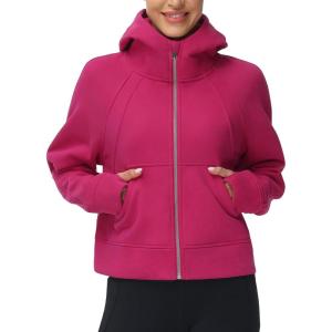 imageTHE GYM PEOPLE Womens FullZip Up Hoodies Jacket Fleece Workout Crop Tops Sweatshirts with Pockets Thumb HolePitaya Red