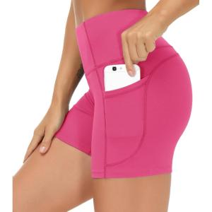 imageTHE GYM PEOPLE Womens High Waist Workout Shorts Breathable Dolphin Split Elastic Lounge Yoga ShortsBright Pink
