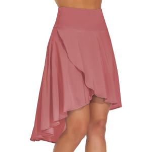 imageTHE GYM PEOPLE Womens High Waist Wrap Ruffle Hem Asymmetric Skort High Low Flowy Midi Skirt with ShortsCoral Red