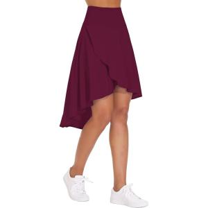 imageTHE GYM PEOPLE Womens High Waist Wrap Ruffle Hem Asymmetric Skort High Low Flowy Midi Skirt with ShortsDark Red