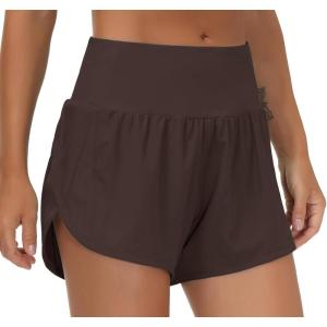 imageTHE GYM PEOPLE Womens High Waisted Worktout Shorts Quick Dry Running Athletic Shorts with Mesh Liner Zipper PocketBrown