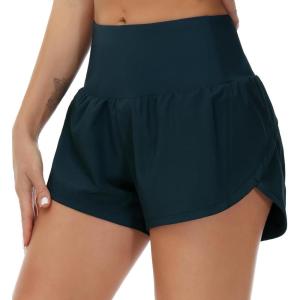 imageTHE GYM PEOPLE Womens High Waisted Worktout Shorts Quick Dry Running Athletic Shorts with Mesh Liner Zipper PocketDark Blue Green