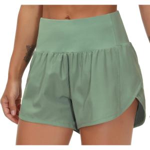 imageTHE GYM PEOPLE Womens High Waisted Worktout Shorts Quick Dry Running Athletic Shorts with Mesh Liner Zipper PocketJasmine Green