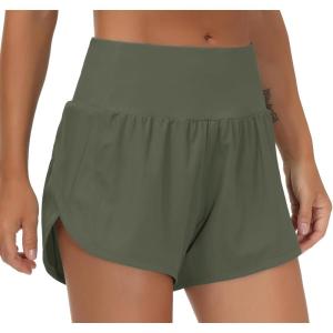 imageTHE GYM PEOPLE Womens High Waisted Worktout Shorts Quick Dry Running Athletic Shorts with Mesh Liner Zipper PocketOlive Green