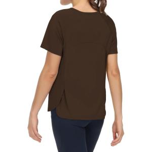 imageTHE GYM PEOPLE Womens Short Sleeve Workout Shirts Breathable Yoga TShirts with Side Slits Athletic Tee TopsBrown