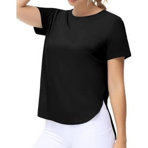 imageTHE GYM PEOPLE Womens Workout TShirts Loose Fit Short Sleeve Cotton Running Basic Tee Tops with Split HemBlack