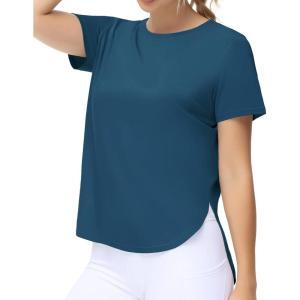 imageTHE GYM PEOPLE Womens Workout TShirts Loose Fit Short Sleeve Cotton Running Basic Tee Tops with Split HemDark Blue Green