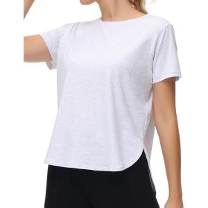 imageTHE GYM PEOPLE Womens Workout TShirts Loose Fit Short Sleeve Cotton Running Basic Tee Tops with Split HemHeather White