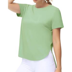 imageTHE GYM PEOPLE Womens Workout TShirts Loose Fit Short Sleeve Cotton Running Basic Tee Tops with Split HemJasmine Green