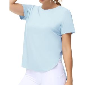 imageTHE GYM PEOPLE Womens Workout TShirts Loose Fit Short Sleeve Cotton Running Basic Tee Tops with Split HemLight Blue