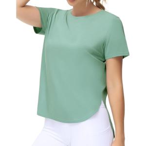 imageTHE GYM PEOPLE Womens Workout TShirts Loose Fit Short Sleeve Cotton Running Basic Tee Tops with Split HemLight Green