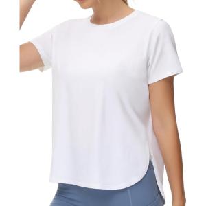 imageTHE GYM PEOPLE Womens Workout TShirts Loose Fit Short Sleeve Cotton Running Basic Tee Tops with Split HemWhite