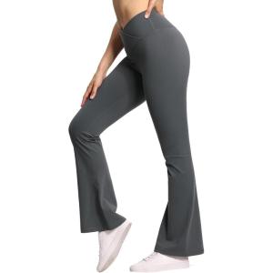 imageTHE GYM PEOPLE Womens Crossover High Waist Flare Workout Leggings Bootcut Bell Bottom Yoga Pants with Tummy ControlDark Grey