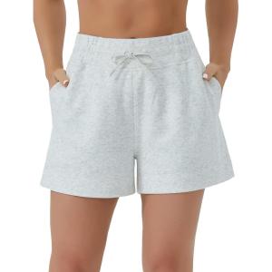 imageTHE GYM PEOPLE Womens Drawstring Sweat Shorts High Waisted Summer Workout Lounge Shorts with PocketsHeather White