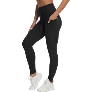imageTHE GYM PEOPLE Womens High Waist Drawstring Stretchy Workout Leggings Ultra Soft Tummy Control Yoga Pants with PocketsBlack